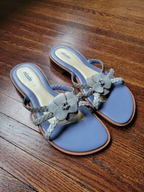Nicole Cool Blue Leather Floral Braid Strap Sandals Slides Women Size 9 M Flats